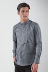 HeSpoke_Grey Premium Cotton Blend Embroidered Thread Textured Plane Panel Shirt _Online_at_Aza_Fashions