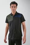 HeSpoke_Black Premium Cotton Blend Solid Battleship Color Block Shirt _Online_at_Aza_Fashions