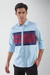 HeSpoke_Blue Premium Cotton Blend Checkered Color Block Shirt _Online_at_Aza_Fashions