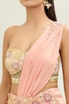 Aaryaa By Kashveen Kohli_Peach Lycra Embroidered Acrylic Sweetheart Pre-draped Saree With Blouse _at_Aza_Fashions