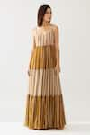 KoAi_Yellow Chiffon Printed Stripe U Neck Dress _Online_at_Aza_Fashions