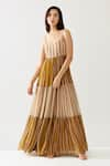 Shop_KoAi_Yellow Chiffon Printed Stripe U Neck Dress _Online_at_Aza_Fashions