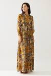 Shop_KoAi_Yellow Cupro Chiffon Printed Flower Band Collar Dress _Online_at_Aza_Fashions