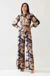 KoAi_Blue Cotton Silk Printed Floral Collar Jumpsuit _Online_at_Aza_Fashions