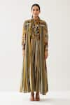 KoAi_Yellow Cotton Silk Printed Stripe Open Cape _Online_at_Aza_Fashions