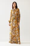 Buy_KoAi_Yellow Cupro Chiffon Printed Floral Round Kaftan Dress _at_Aza_Fashions