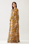 KoAi_Yellow Cupro Chiffon Printed Floral Round Kaftan Dress _Online_at_Aza_Fashions