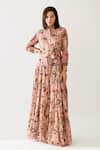 Buy_KoAi_Peach Cupro Chiffon Printed Floral Band Collar Maxi Shirt Dress _at_Aza_Fashions