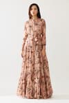 KoAi_Peach Cupro Chiffon Printed Floral Band Collar Maxi Shirt Dress _Online_at_Aza_Fashions