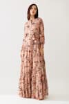 Buy_KoAi_Peach Cupro Chiffon Printed Floral Band Collar Maxi Shirt Dress _Online_at_Aza_Fashions