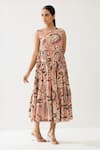 KoAi_Peach Poplin Cotton Printed Flower Round Tiered Dress _Online_at_Aza_Fashions