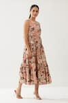 Buy_KoAi_Peach Poplin Cotton Printed Flower Round Tiered Dress _Online_at_Aza_Fashions