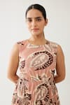 Shop_KoAi_Peach Poplin Cotton Printed Flower Round Tiered Dress _Online_at_Aza_Fashions