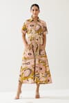 Buy_KoAi_Yellow Poplin Cotton Printed Abstract Floral Collar Shirt Dress _at_Aza_Fashions