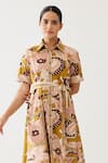 Shop_KoAi_Yellow Poplin Cotton Printed Abstract Floral Collar Shirt Dress _Online_at_Aza_Fashions