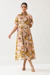 KoAi_Yellow Poplin Cotton Printed Abstract Floral Collar Shirt Dress _at_Aza_Fashions