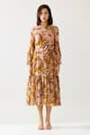 KoAi_Yellow Chiffon Printed Floral Round Midi Dress _Online_at_Aza_Fashions