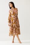 Shop_KoAi_Yellow Chiffon Printed Floral Round Midi Dress _Online_at_Aza_Fashions