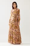 KoAi_Yellow Chiffon Printed Floral Band Collar Tiered Pleated Dress _Online_at_Aza_Fashions