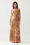 Buy_KoAi_Yellow Chiffon Printed Floral Band Collar Tiered Pleated Dress _Online_at_Aza_Fashions