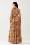 Shop_KoAi_Yellow Chiffon Printed Floral Band Collar Tiered Pleated Dress _at_Aza_Fashions