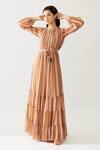 KoAi_Yellow Chiffon Printed Stripe Round Tiered Maxi Dress _Online_at_Aza_Fashions