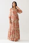 Buy_KoAi_Grey Cupro Chiffon Printed Floral V Neck Wrap Maxi Dress _Online_at_Aza_Fashions