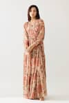 KoAi_Grey Cupro Chiffon Printed Floral V Neck Wrap Maxi Dress _at_Aza_Fashions