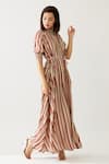 KoAi_Red Cotton Silk Printed Stripe Frilled Collar Maxi Dress _Online_at_Aza_Fashions