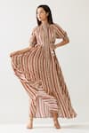 Buy_KoAi_Red Cotton Silk Printed Stripe Frilled Collar Maxi Dress _Online_at_Aza_Fashions