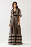 KoAi_Green Chiffon Printed Stripe V Neck Tiered Maxi Dress _Online_at_Aza_Fashions