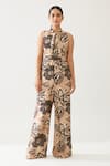 KoAi_Cream Cotton Silk Print Flora Blossom High Tie-up Neck Jumpsuit _Online_at_Aza_Fashions