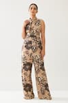 Buy_KoAi_Cream Cotton Silk Print Flora Blossom High Tie-up Neck Jumpsuit _Online_at_Aza_Fashions