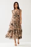 Buy_KoAi_Cream Chiffon Print Florid V Neck Ruffle Tiered Midi Dress _at_Aza_Fashions