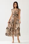 Shop_KoAi_Cream Chiffon Print Florid V Neck Ruffle Tiered Midi Dress _Online_at_Aza_Fashions