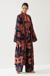 KoAi_Blue Cotton Silk Print Fleur Magic Open Neck Long Kimono Cape _Online_at_Aza_Fashions