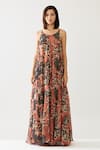 KoAi_Blue Chiffon Print Foliage Bloom Halter Neck Maxi Dress _Online_at_Aza_Fashions