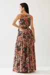 Shop_KoAi_Blue Chiffon Print Foliage Bloom Halter Neck Maxi Dress _at_Aza_Fashions