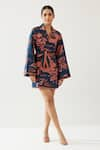 Buy_KoAi_Blue Poplin Cotton Print Flowery Lapel Collar Neck Wrap Kimono Jacket _at_Aza_Fashions