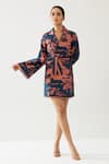 Shop_KoAi_Blue Poplin Cotton Print Flowery Lapel Collar Neck Wrap Kimono Jacket _Online_at_Aza_Fashions