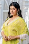 Megha Pitti_Green Bamboo Beads, Mirrors V-neck Floral Print Embellished Kaftan With Pant _Online_at_Aza_Fashions