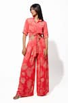 Buy_Megha Pitti_Coral Bemberg Crepe Printed Sequin Shirt Collar Front Tie With Pant _at_Aza_Fashions