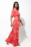 Shop_Megha Pitti_Coral Bemberg Crepe Printed Sequin Shirt Collar Front Tie With Pant _at_Aza_Fashions