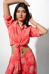 Buy_Megha Pitti_Coral Bemberg Crepe Printed Sequin Shirt Collar Front Tie With Pant _Online_at_Aza_Fashions