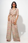 Buy_Megha Pitti_Green Bemberg Crepe Printed Floral Shirt Collar Blossom Front Tie With Pant _at_Aza_Fashions