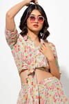 Megha Pitti_Green Bemberg Crepe Printed Floral Shirt Collar Blossom Front Tie With Pant _Online_at_Aza_Fashions