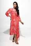 Buy_Megha Pitti_Coral Bemberg Crepe Printed Sequin Round Asymmetric Dress _at_Aza_Fashions