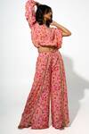 Buy_Megha Pitti_Pink Double Georgette Printed Floral Boat Blossom Top With Pant _at_Aza_Fashions