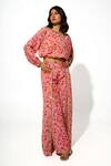 Shop_Megha Pitti_Pink Double Georgette Printed Floral Boat Blossom Top With Pant _at_Aza_Fashions