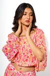 Buy_Megha Pitti_Pink Double Georgette Printed Floral Boat Blossom Top With Pant _Online_at_Aza_Fashions